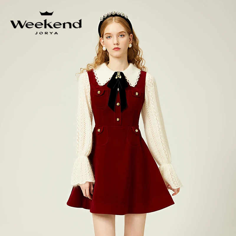 卓雅周末23年冬季时尚复古无袖品牌金属扣圆领收腰连衣裙EJWDDQ59