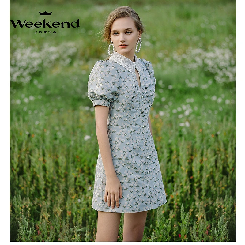 卓雅周末夏季新款甜美蕾丝钩花娃娃领泡泡袖收腰连衣裙EJWCBQ36