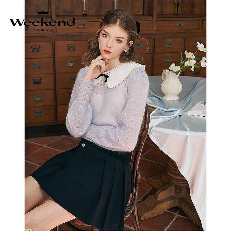 卓雅周末24秋新款蕾丝领蝴蝶结泡泡袖绵羊毛马海毛针织衫Q240228A