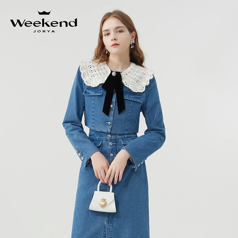 卓雅周末秋新款钩花娃娃领蝴蝶结单排扣箱型牛仔短外套EJWDCU13