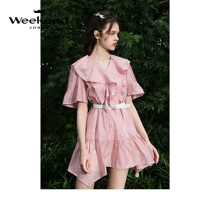 卓雅周末新款一秒入夏浪漫荷叶边V领蕾丝天丝收腰连衣裙EJWEBG81