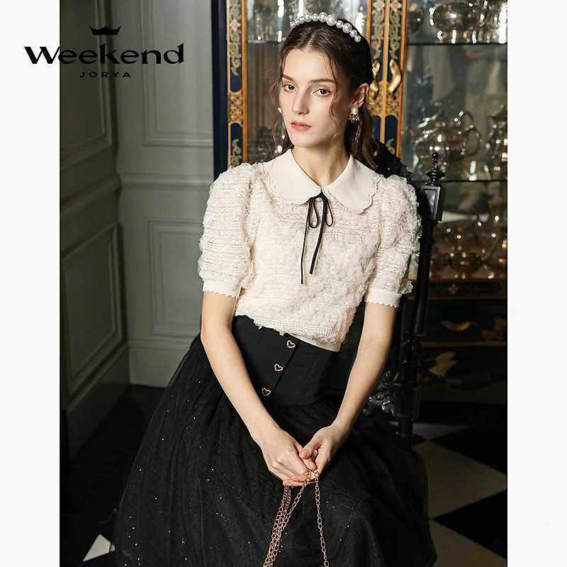 卓雅周末一秒入夏新甜美针织钩花翻领蝴蝶结泡泡袖蕾丝衫EJWDBM16