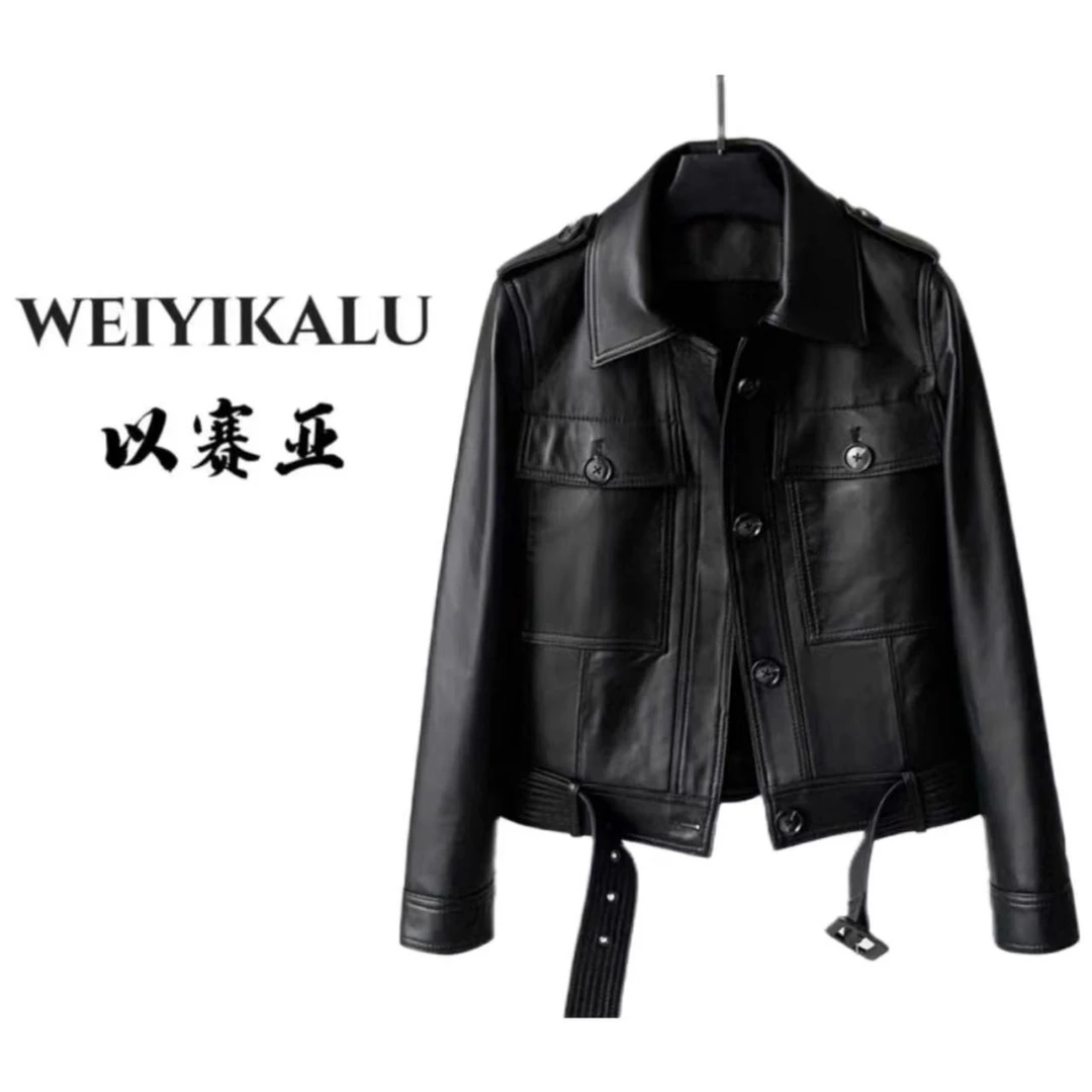 以赛亚 25年TX春款女士时尚纯色翻领皮夹克气质常规ins外套2302