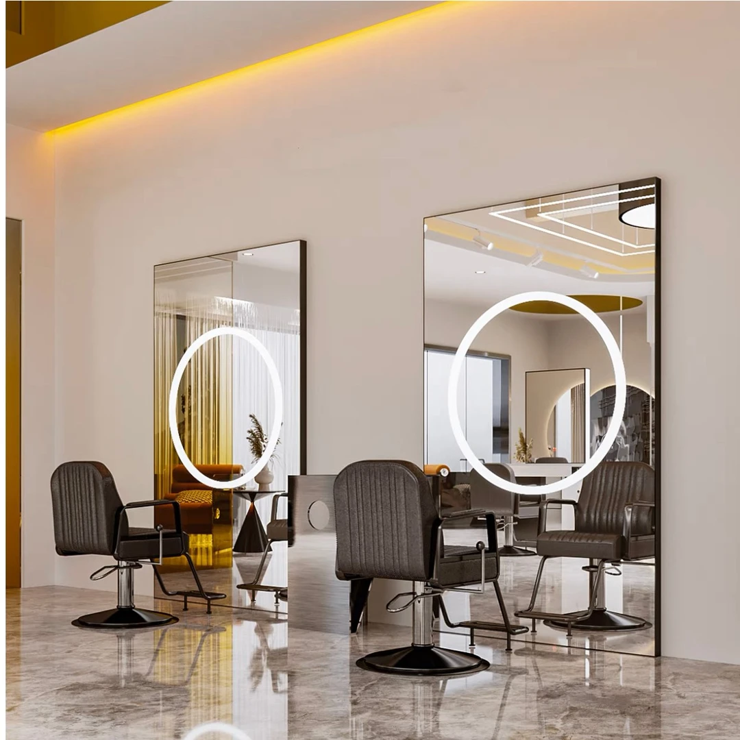 网红理发店镜台美发店镜子带灯剪发镜单面挂墙落地镜落地式专用