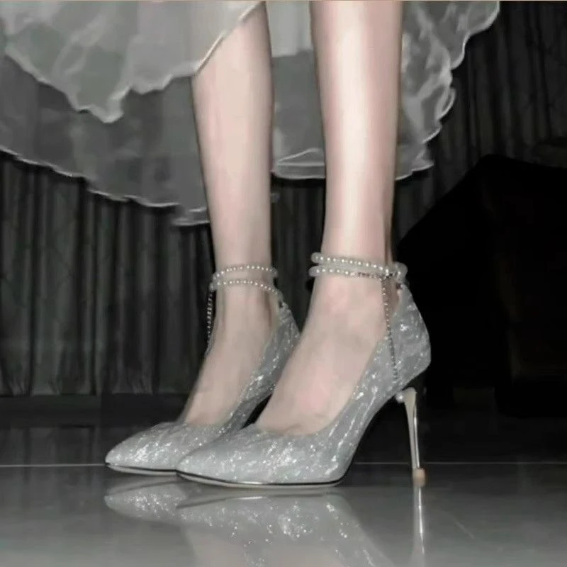2025年新款银色高跟鞋女细跟伴娘18岁成年礼单鞋婚纱水晶新娘婚鞋