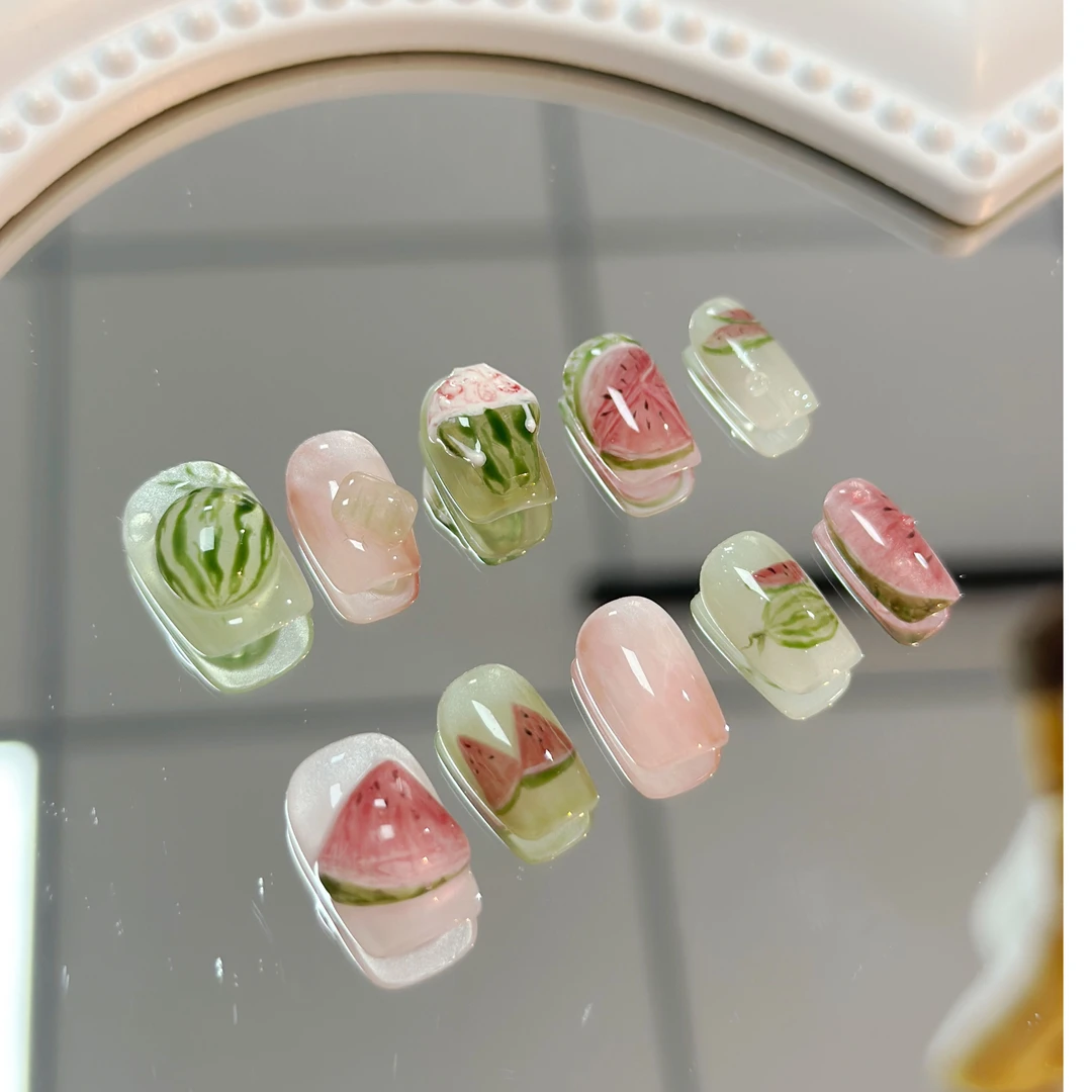 多巴胺美甲| 西瓜墩墩|依诺家 纯手工定制穿戴甲手绘彩绘西瓜夏日
