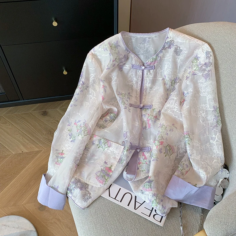 新中式淡紫色刺绣盘扣微透外套女早秋国风宽松气质防晒开衫上衣