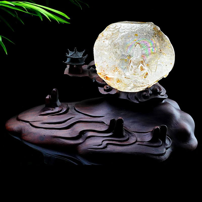 贤皓天然白水晶彩虹观音雕像摆件精雕乔迁客厅办公室装饰开业礼物