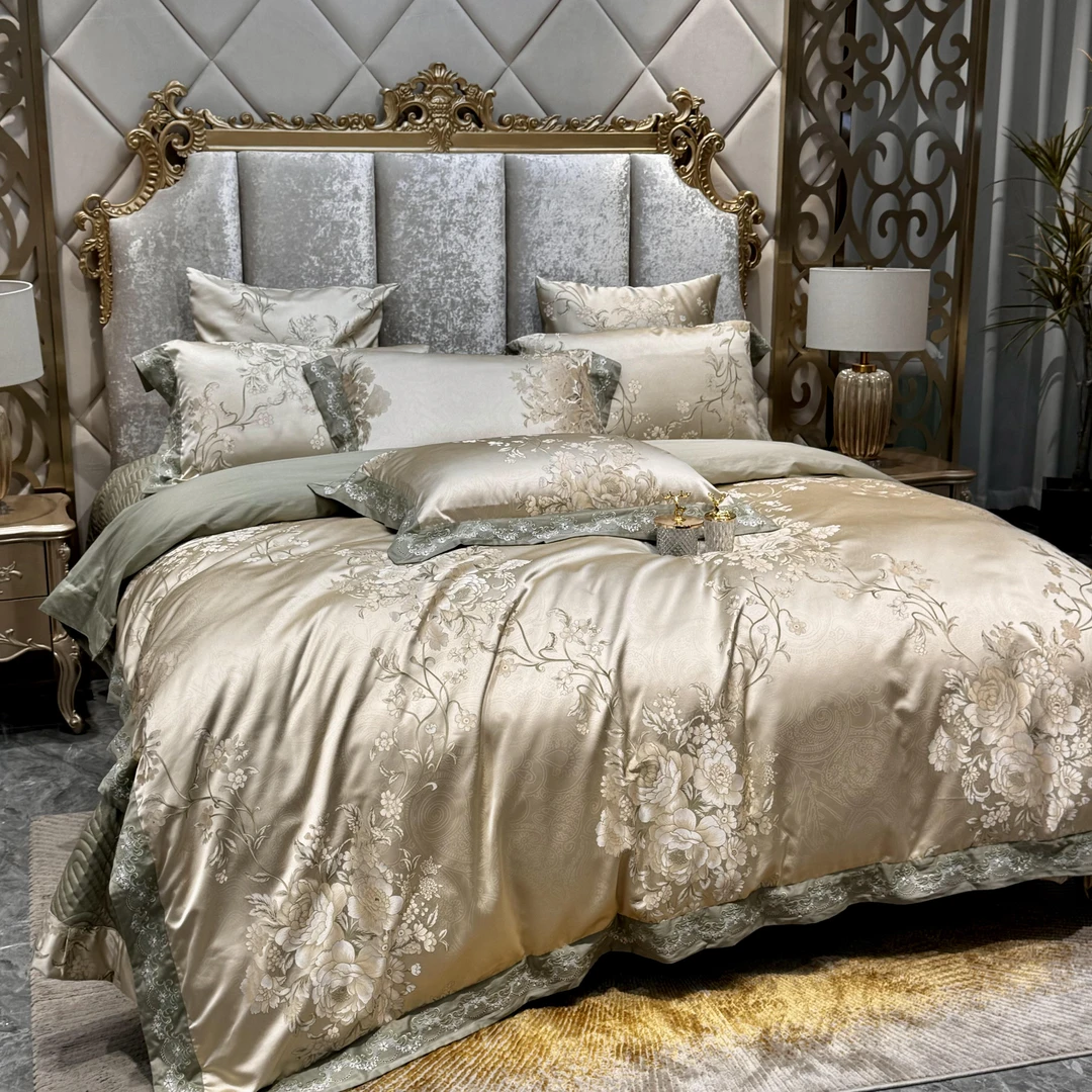 【鎏金岁月】高档中式国风设计师款锦缎色织提花纯棉床上用品四件套