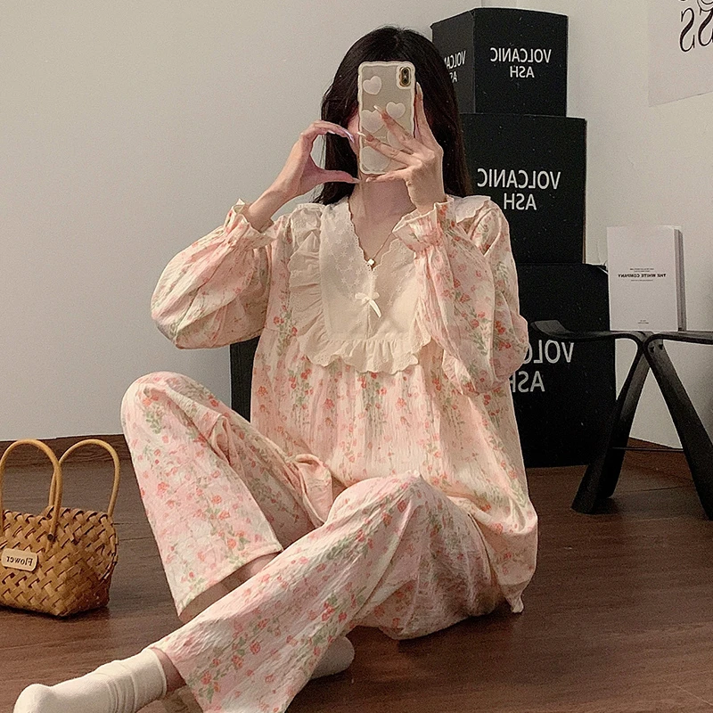 睡衣女春秋季云朵棉长袖长裤花边甜美宽松公主碎花家居服两件套装