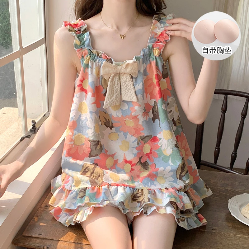 带胸垫睡衣女夏季吊带无袖时尚花卉甜美公主风学生夏天家居服套装