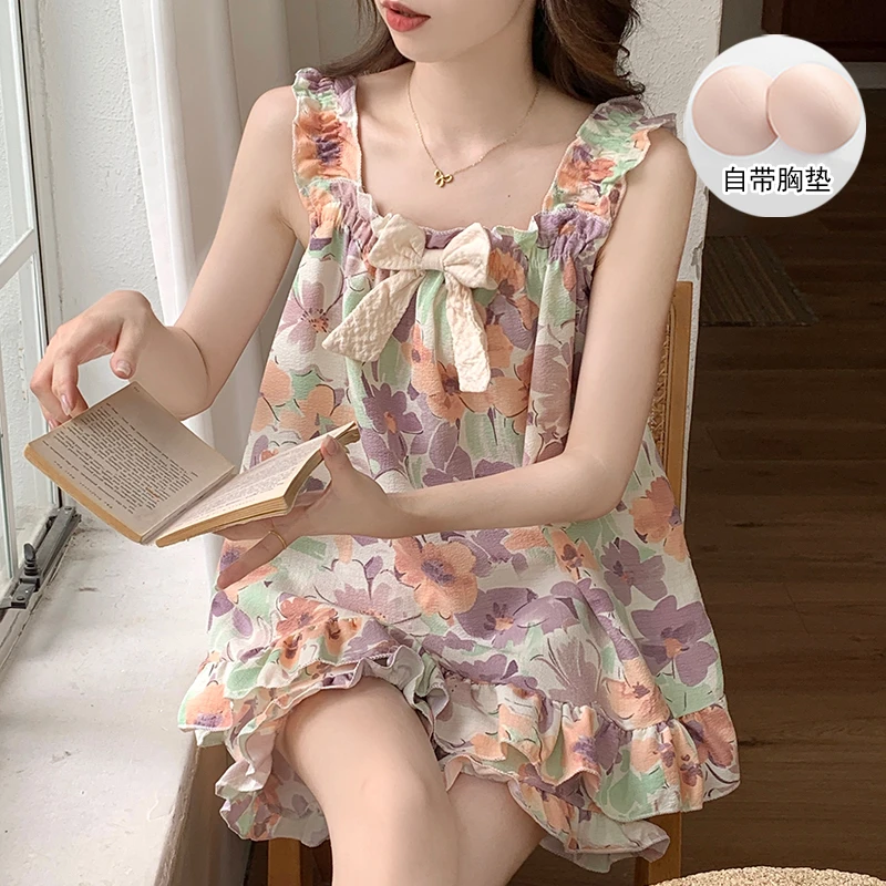 带胸垫套装睡衣女夏季吊带无袖时尚花卉甜美公主风学生家居服套装