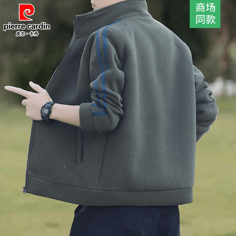 皮尔卡丹外套男摇粒绒秋冬厚款户外卫衣开衫抓绒衣男秋冬大码时尚