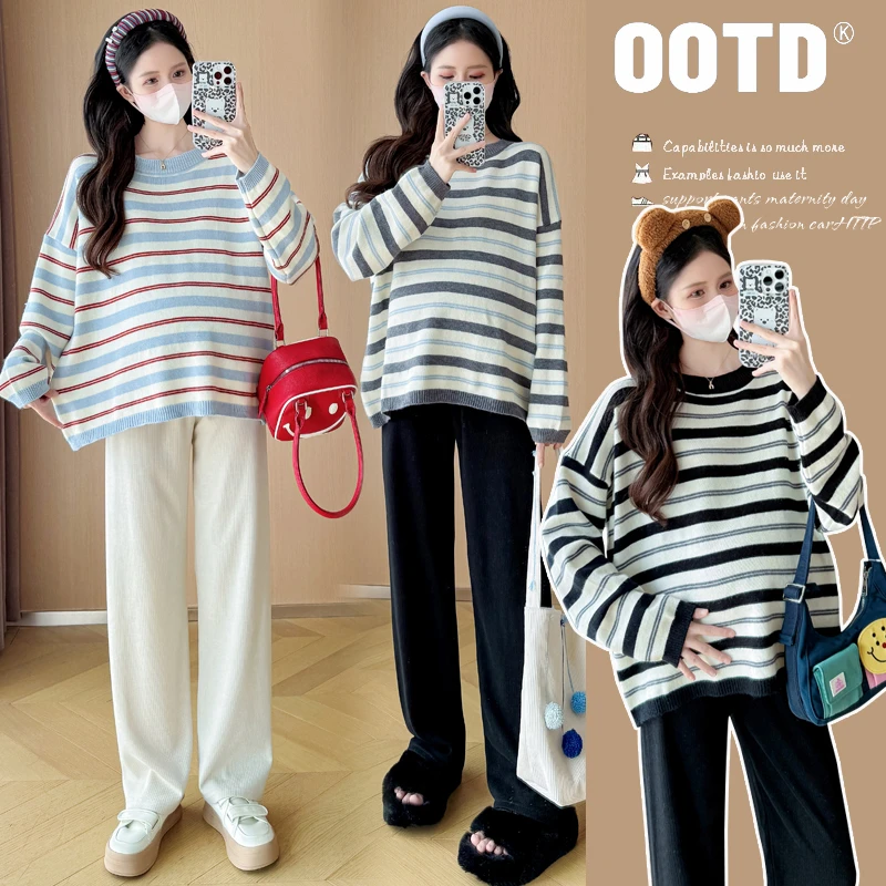 秋冬新款孕妇条纹毛衣时尚百搭慵懒风孕妇针织衫休闲宽松孕妇上衣