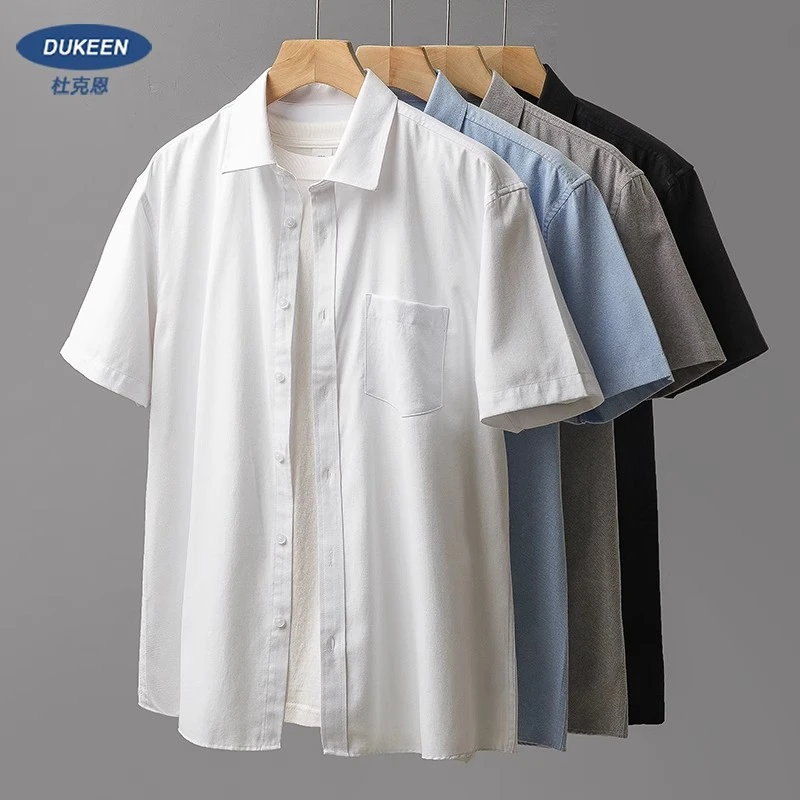 杜克恩重磅牛津纺衬衫男短袖夏季美式白色翻领休闲男生衬衣外套