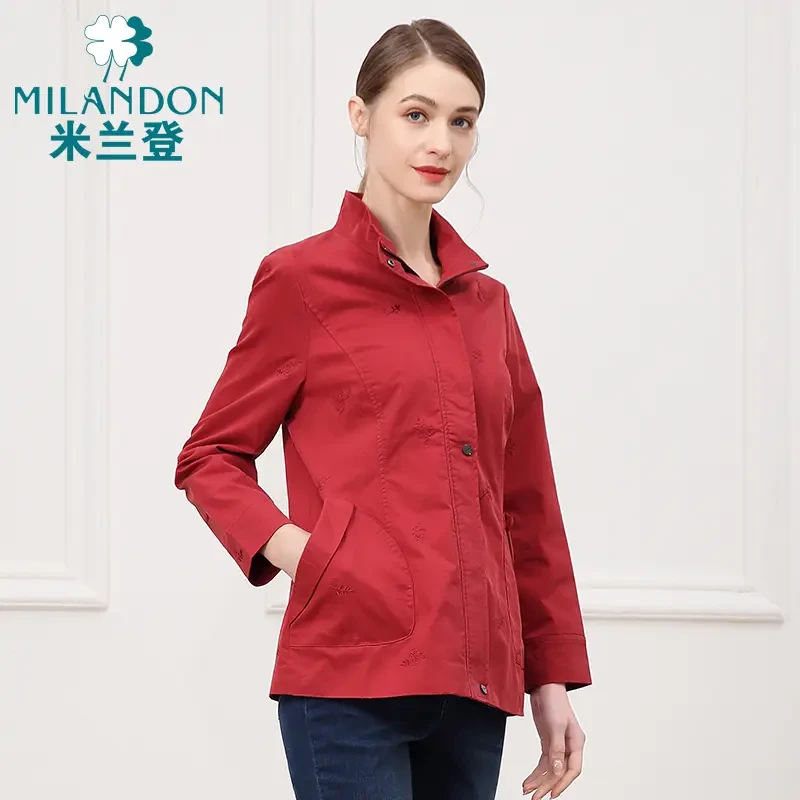 MILANDON/米兰登春秋户外休闲防风女纯色绣花风衣外套薄1M340031