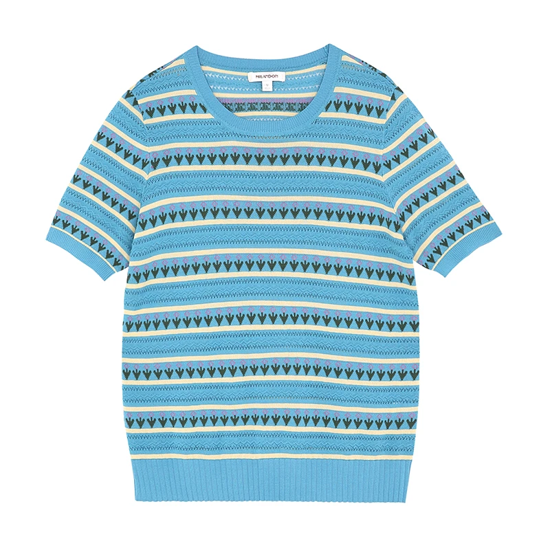 MILANDON/米兰登2024新款夏季印花透气女短袖针织衫休闲1P2W1018