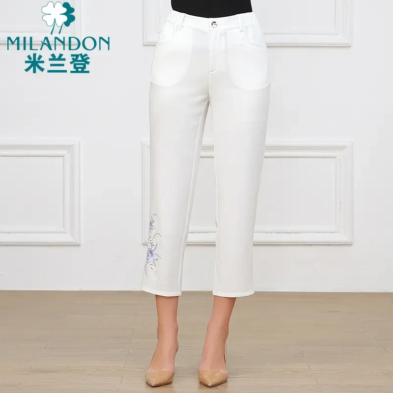 MILANDON/米兰登八分小直筒裤夏新款绣花高腰百搭休闲裤1N210118
