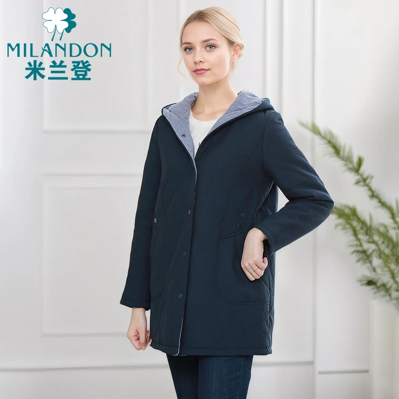 MILANDON/米兰登2024冬季中长款连帽棉衣女加绒保暖外套1O450003