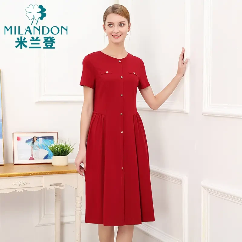 MILANDON/米兰登夏季新款2023中长款裙圆领收腰a字连衣裙1O220102