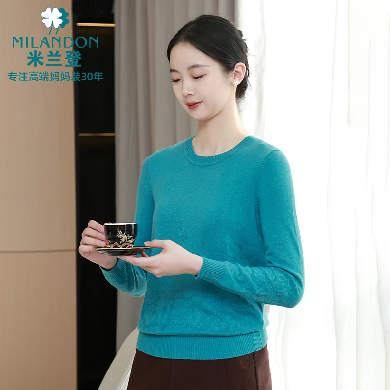 MILANDON/米兰登秋冬新款打底保暖绣花针织衫圆领女气质1N3W1013