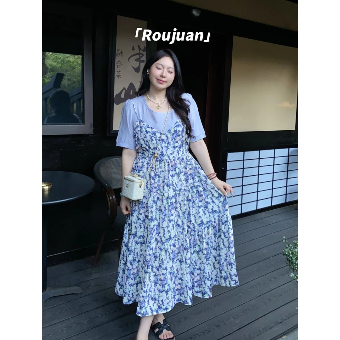 【丁香】夏日艺术画田园风清新圆领垂感收腰松紧假两件碎花连衣裙