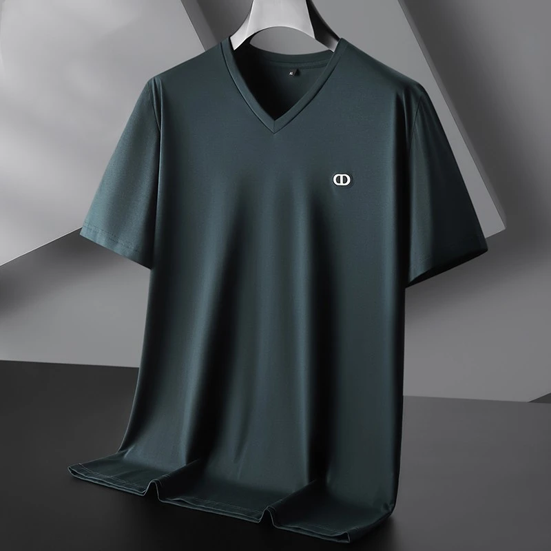 男士30-45岁冰丝短袖男士莫代尔加肥加大码半袖t恤v领纯色打底衫