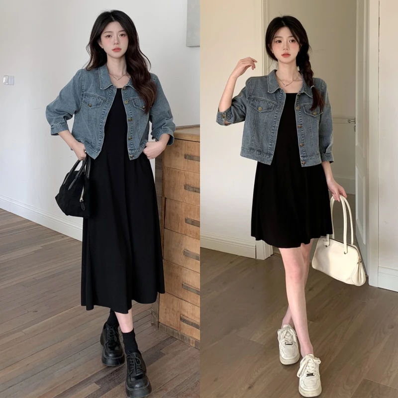 微胖妹妹春夏款牛仔外套背心裙两件套装大码小个子宽松显瘦连衣裙