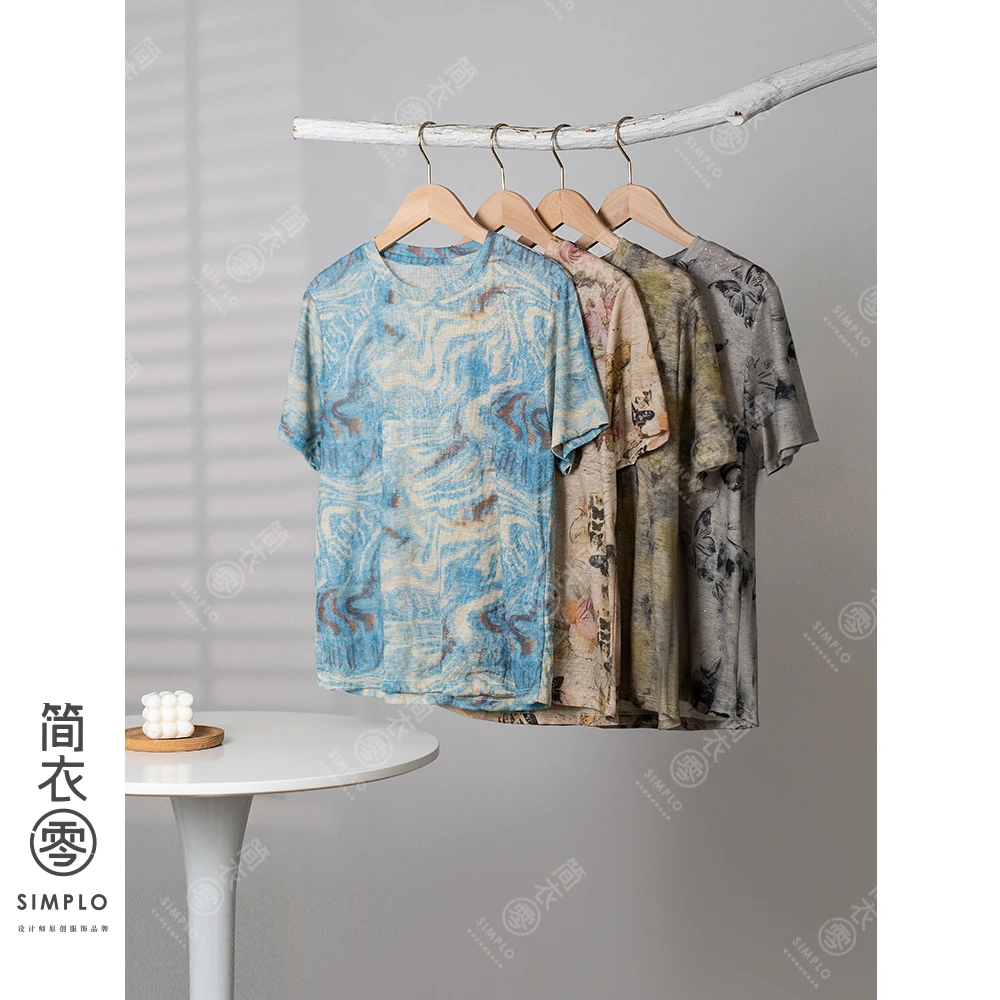 复古晕染水墨画短袖T恤薄款亲肤宽松