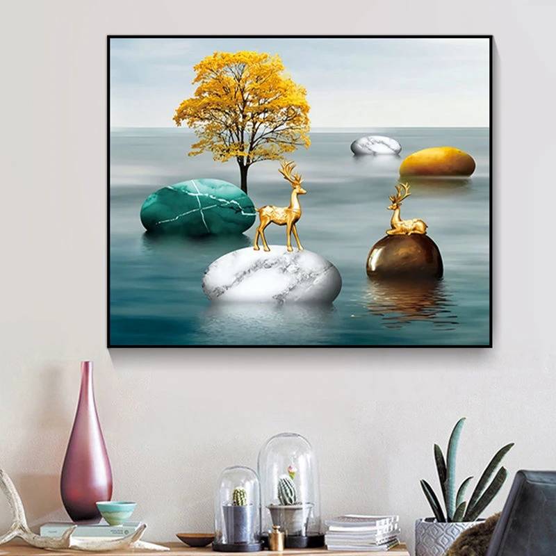 石来运转十字绣发财麋鹿新款客厅餐厅挂画财运温馨35色满绣无勾边