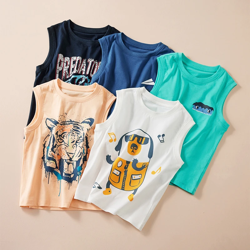 暖芽儿童夏季薄款纯棉背心男童宝宝圆领卡通全棉男孩无袖T恤外穿