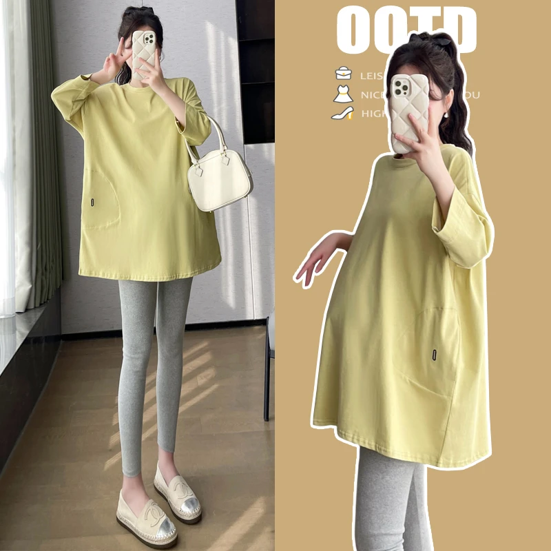 孕妇上衣宽松大码T恤2025夏季落肩T恤韩版遮肚休闲口袋上衣春季潮