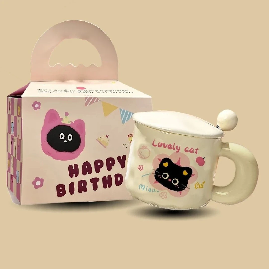 少女心小猫马克杯可爱奶fufu卡通家用带盖水杯送姐妹朋友生日礼物