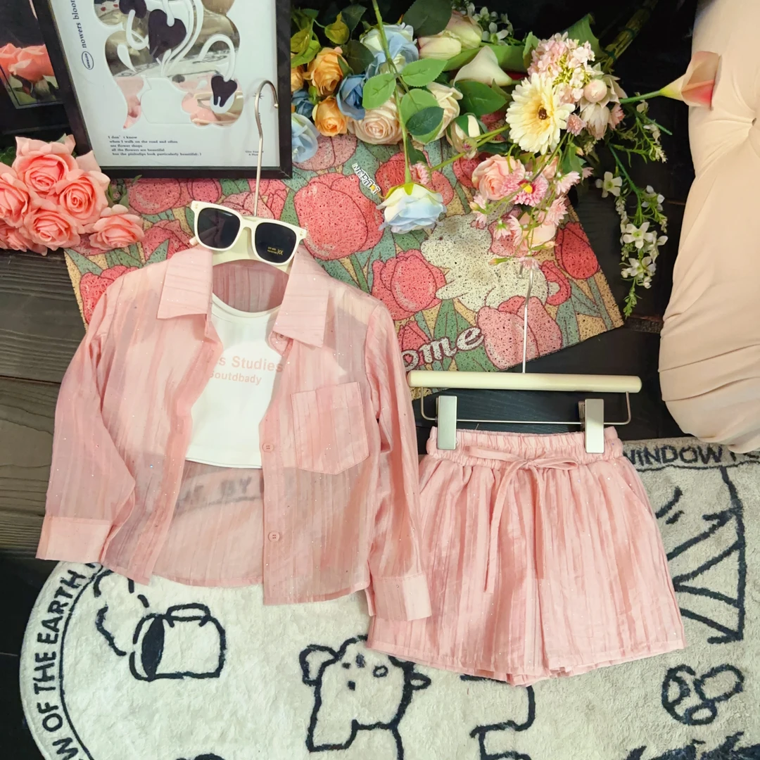 【现货】女童粉色防晒衣夏季短裤套装2024新款宽松韩版两件套
