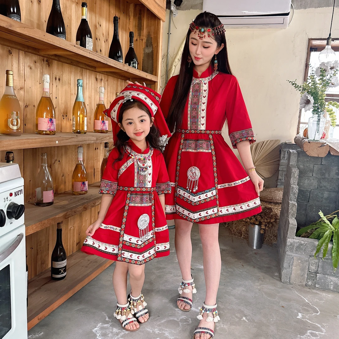 【现货】亲子款少数民族风壮族复古改良亲子款连衣裙红色公主