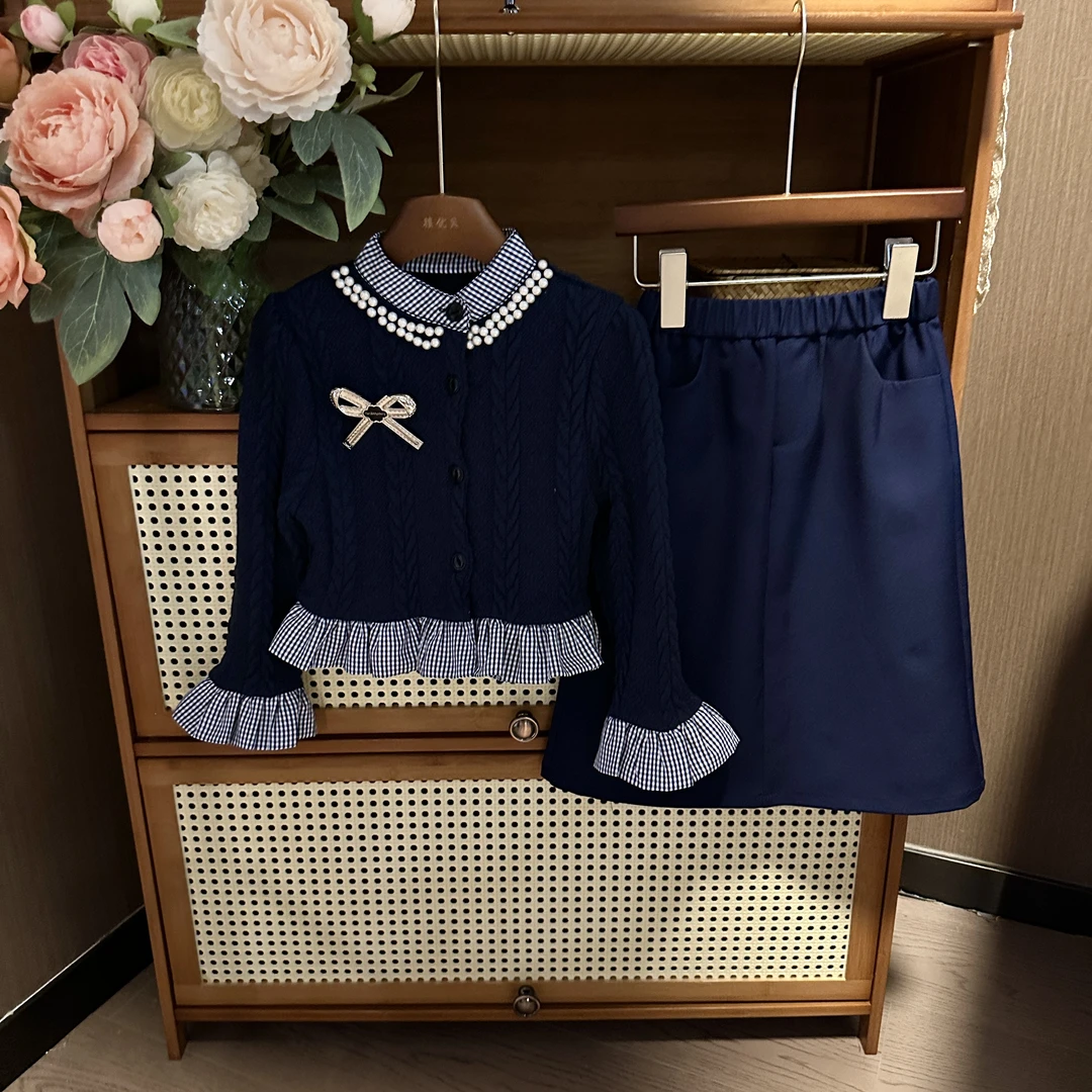 【现货】女童春秋季2025新款百搭假两件拼接长袖针织衫长裙短裙套装