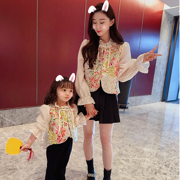 【橙子定制】现货  国风盘扣碎花马甲拼接衬衫灯笼袖时尚亲子装儿童