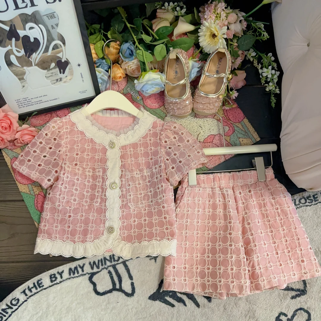 【现货】女童2024夏季新款洋气粉色小香风套装设计感蕾丝两件套
