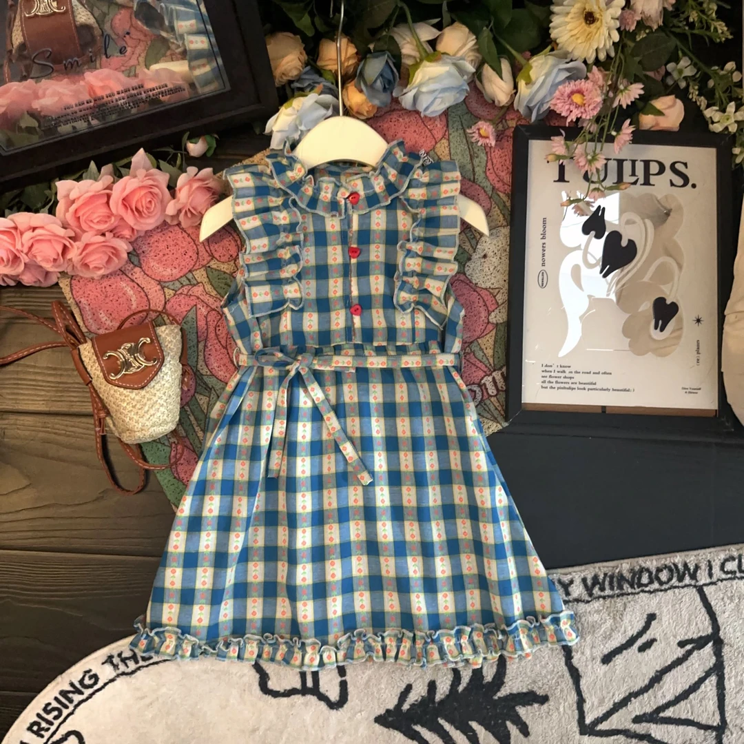 【现货】女童2024夏季新款法式名媛蓝色格纹荷叶边高级飞袖连衣裙