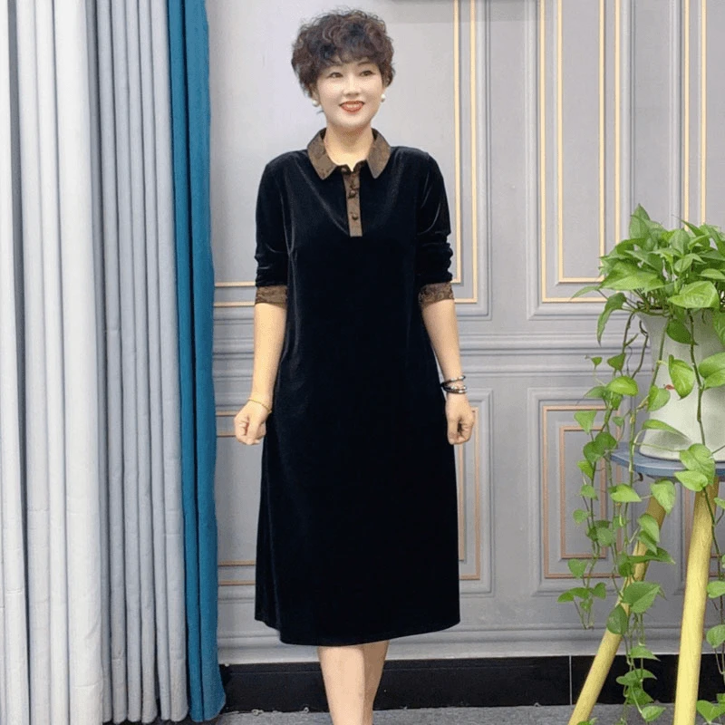妈妈连衣裙秋季新款高品质丝绒显瘦遮肚大码洋气减龄中老年女装
