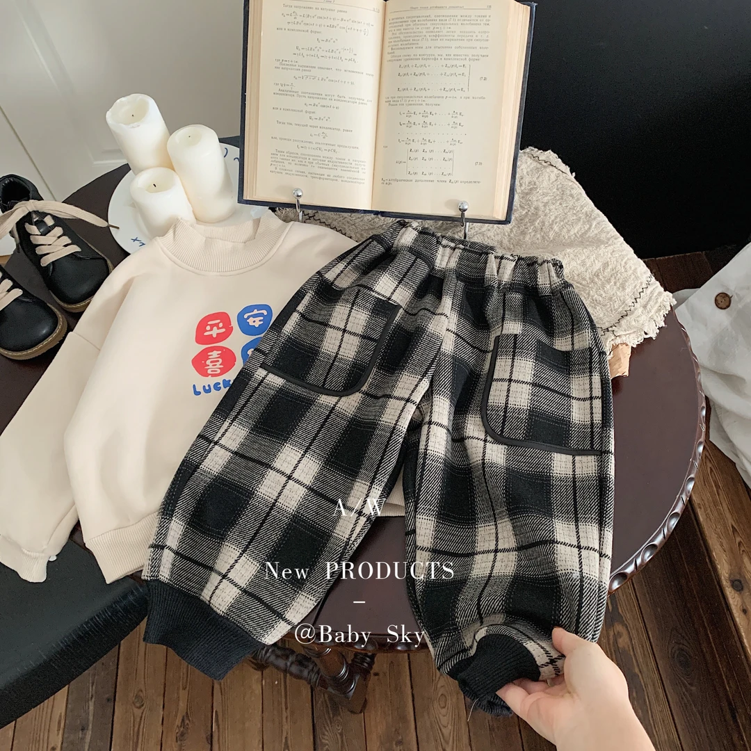 儿童长裤2023冬款韩版男女童口袋包边休闲加绒格子裤潮 F0614