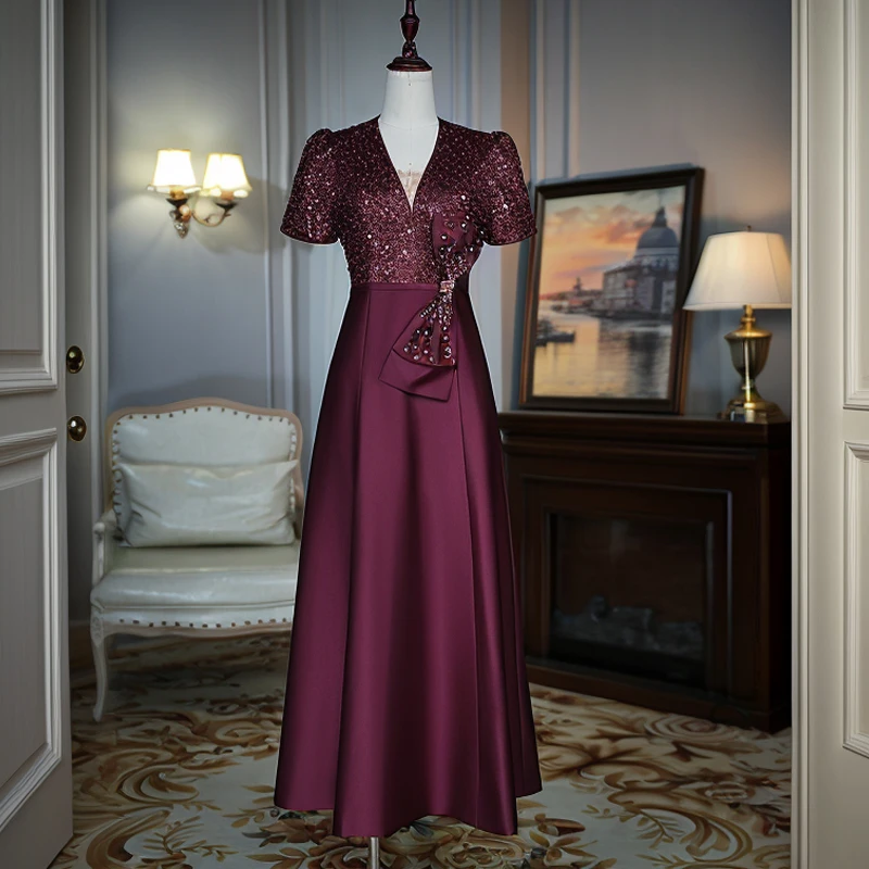 Rufei如翡 24新款气质喜婆婆喜妈妈珠片礼服酒红色妈妈婚宴礼服裙