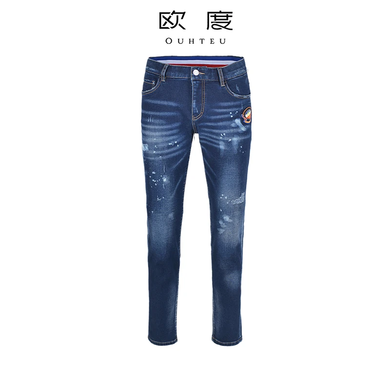 OUHTEU/欧度牛仔裤刺绣棉涤破洞男士时尚中腰修身型冬季蓝色0276