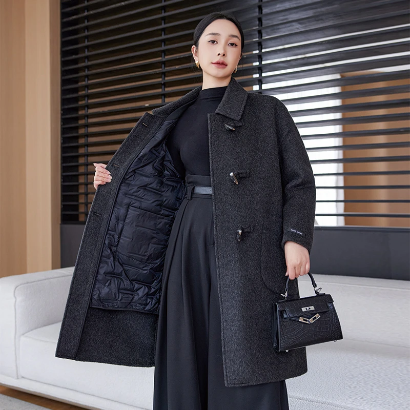 2419长款双面羊毛大衣+羽绒内胆两件套桑蚕丝+牦牛绒冬季女厚外套