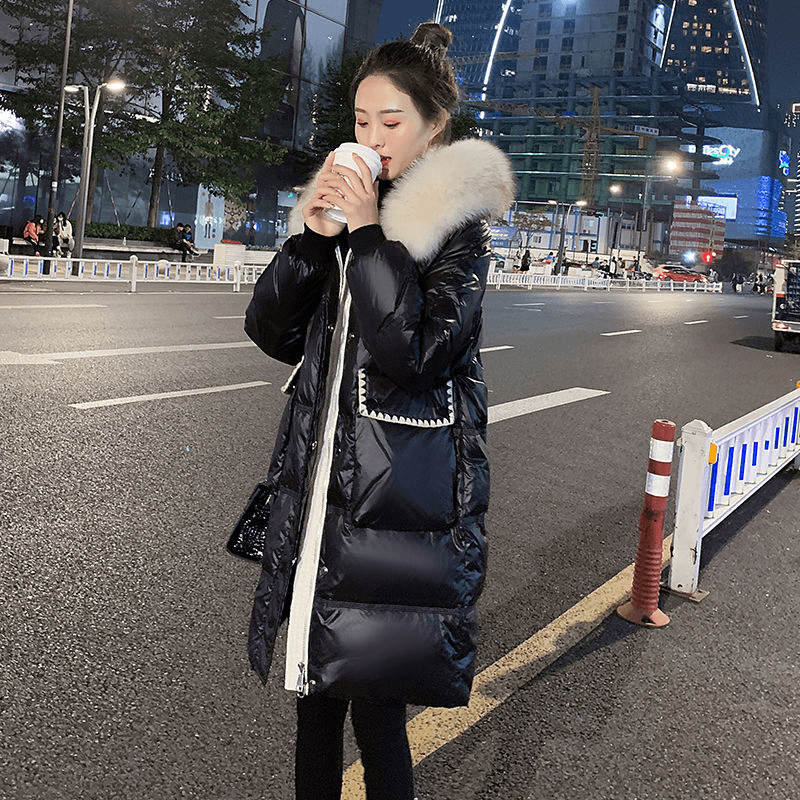 波司澄大狐狸毛领羽绒服年新款白鸭绒小香风中长款黑色外套女冬季