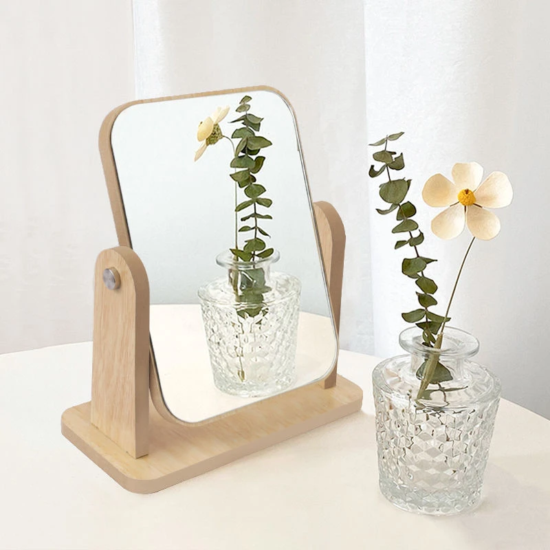 ins木质简约台式化妆镜家用可旋转学生宿舍桌面梳妆镜可立桌面镜