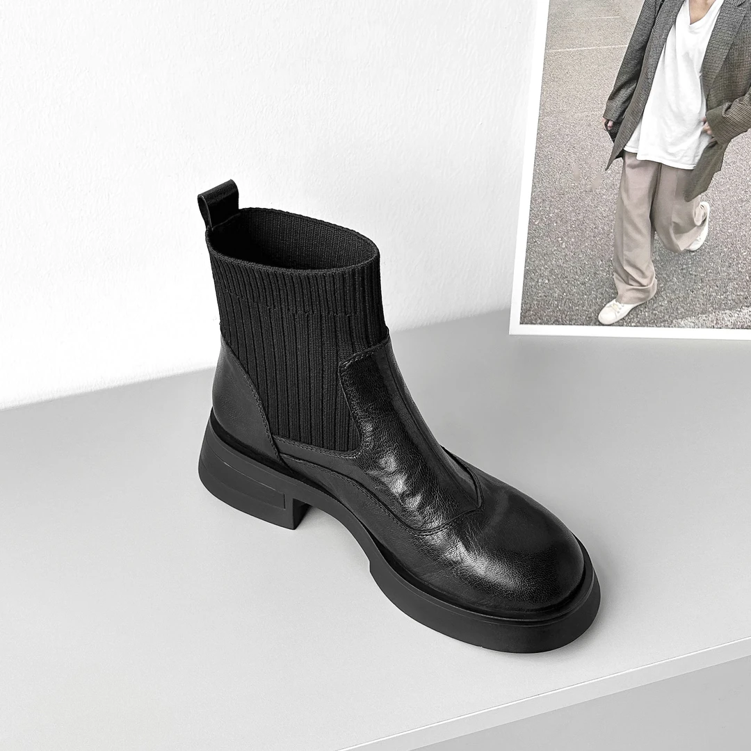 5cm/UM1585牛皮厚底短靴女圆头粗跟秋冬新款加绒黑色弹力袜靴