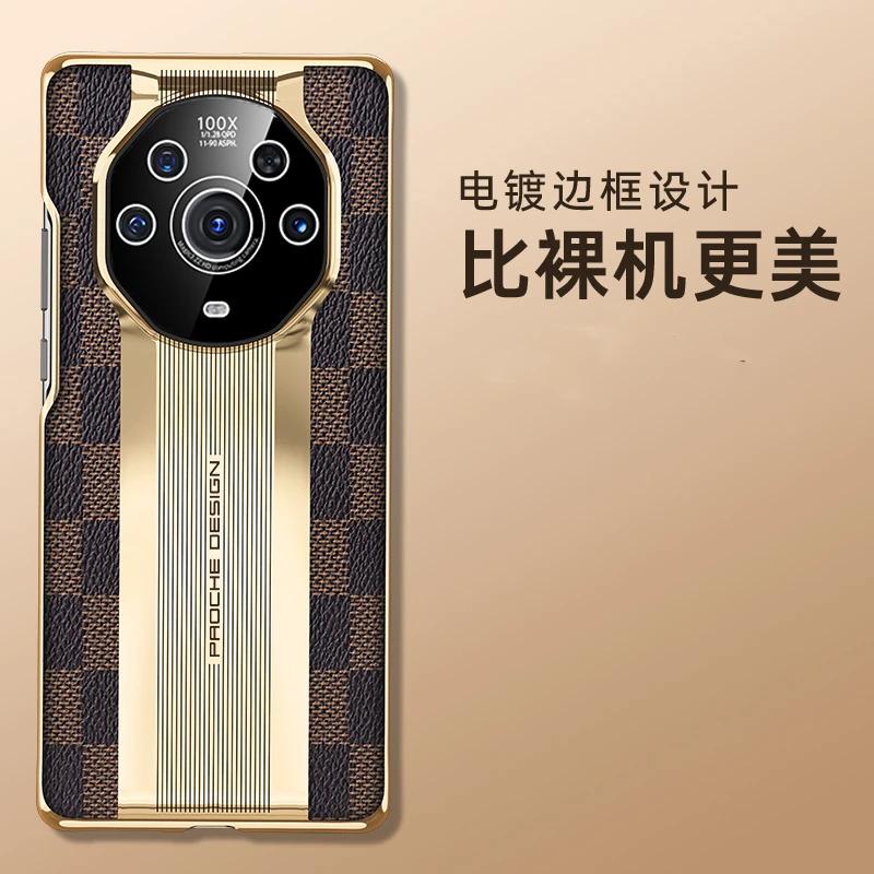 荣耀Magic3 Pro手机壳复古格纹素皮精孔镜头电镀超跑线条防摔后壳