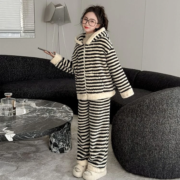 儿童睡衣冬加厚加绒女童家居服套装双面北极绒连帽条纹睡衣居家服
