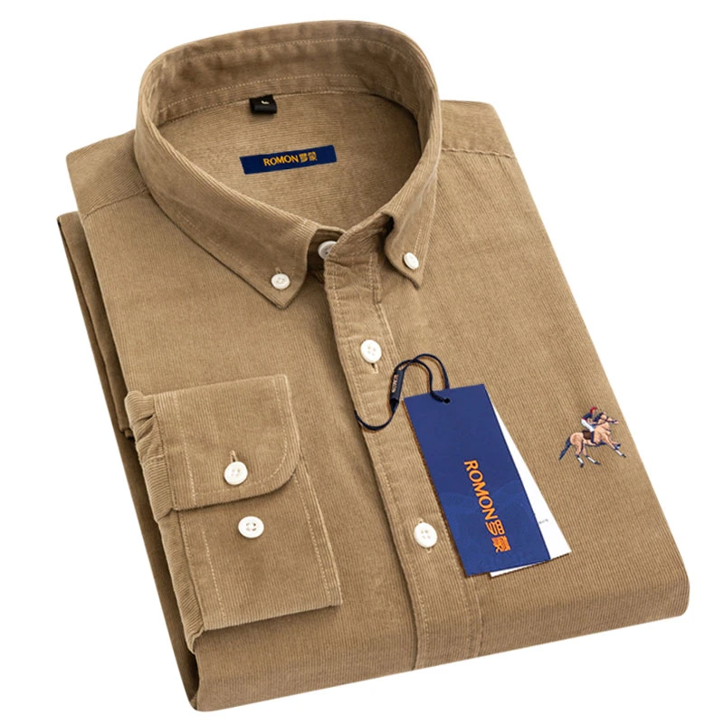 罗蒙100%棉灯芯绒衬衫男士长袖休闲条绒复古衬衣中青年上衣寸衫